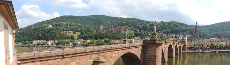 View of Heidelberg Castle from the Old Bridge on the Neckar River.